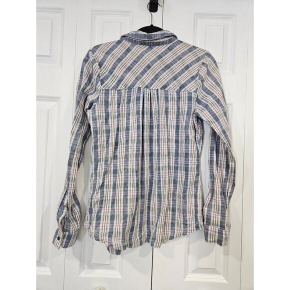 Maurices Womens Button Down Flannel M Blue Red Plaid Front Pocket Long Sleeve - Picture 2 of 8